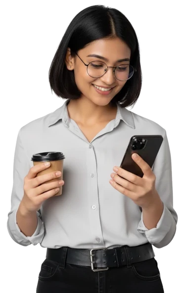 Happy woman using phone and tablet