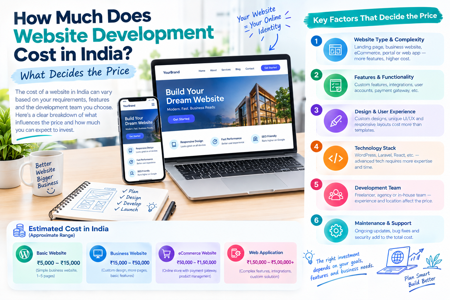 Website development cost in India infographic: what sets the price