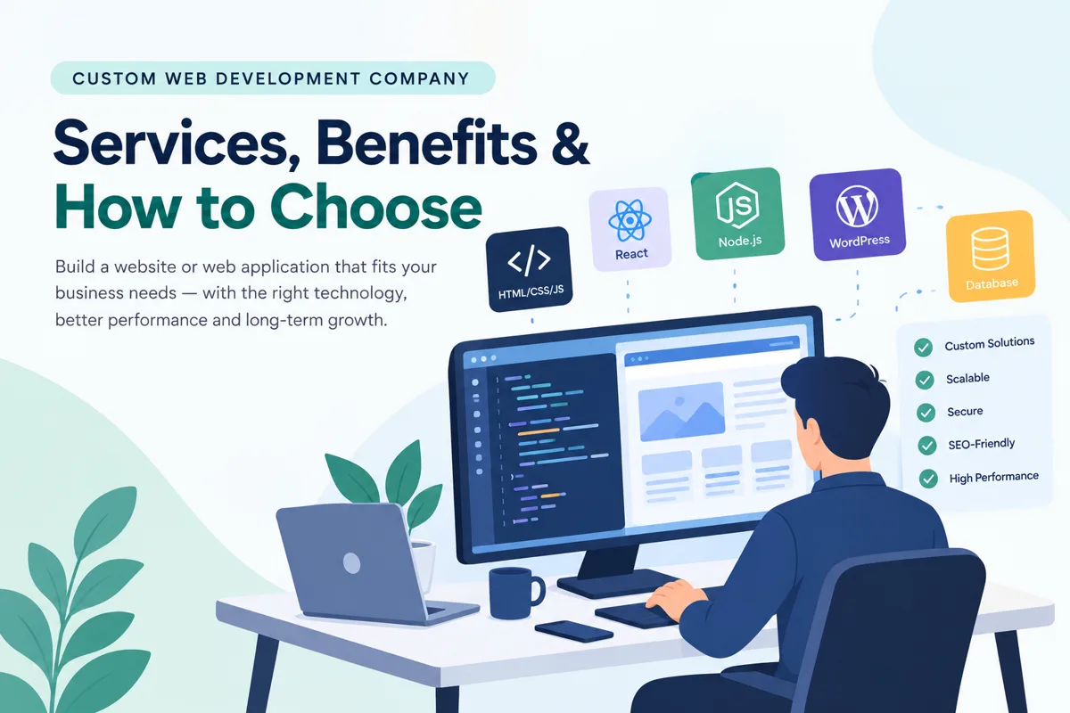 Custom web development company services: HTML, CSS and JavaScript, React, Node.js, WordPress and databases