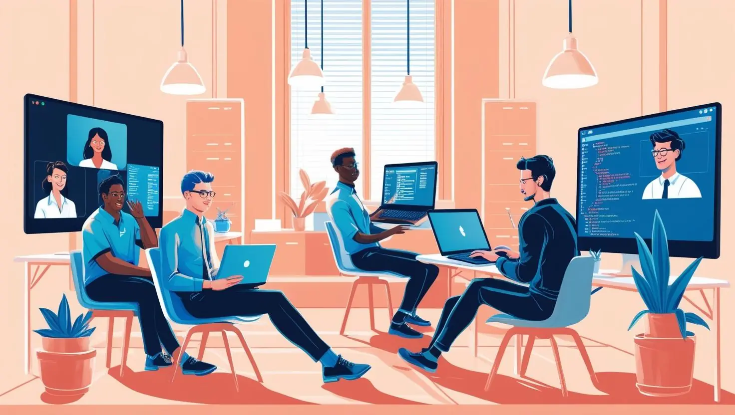 Four people seated around a table with laptops having a meeting